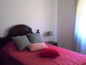 拉戈斯Casa Ameijeira的一张带粉色毯子和枕头的床