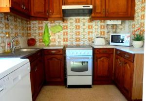 拉戈斯Casa Ameijeira的厨房配有木制橱柜和白色炉灶烤箱。