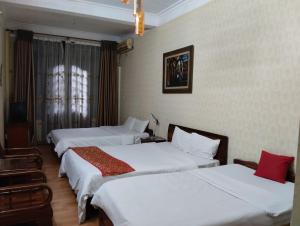 河内Holiday Home的酒店客房设有三张床和窗户。