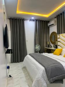 莱基Beautiful single room studio apartment in Ilasan lekki magnanimous的一间卧室配有一张大床和电视