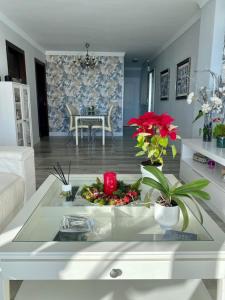 多列毛利诺斯APARTAMENTO CON VISTAS AL MAR的客厅配有带插花的桌子