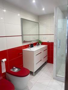 多列毛利诺斯APARTAMENTO CON VISTAS AL MAR的红色和白色的浴室设有卫生间和水槽