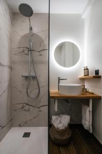 安锡Auberge du Lyonnais的带淋浴、水槽和镜子的浴室