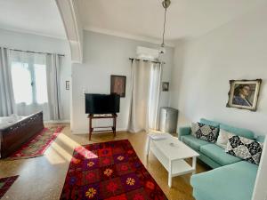 雅典A litte Taste of Home Guest House的客厅配有蓝色的沙发和电视