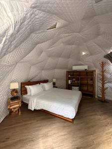 清道Lhong Chiang Dao Glamping หลงเชียงดาว的一间卧室设有一张床和白色的墙壁