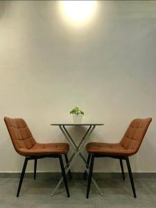 马六甲[New] Backlane Elegance 5pax Near Jonker 800m的两把椅子和一张桌子,上面有植物
