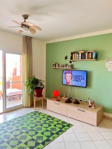 萨尔雷PORT DO SOL-free wi-fi no limits的客厅设有一台平面电视,位于绿色的墙壁上