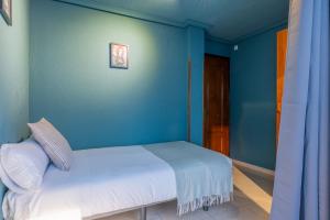 马德里Ideal Hostel Madrid的一间卧室配有一张蓝色墙壁的床