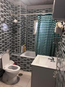 马拉加弗拉门戈卡马龙旅馆的浴室配有卫生间、浴缸和水槽。