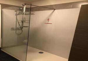 德哈恩维尔德别墅住宿加早餐旅馆的浴室里设有玻璃门淋浴