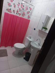 加拉尼温斯Casa para até 8 pessoas em Garanhuns的浴室设有卫生间和粉红色的淋浴帘