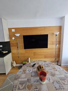 利莫内皮埃蒙特Bella vista的一间卧室设有一张带平面电视的床。