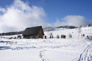 福伊尼察Samostanska kuća的一群人站在雪谷仓周围