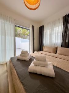 尼科西亚Panorama Residence的一间卧室配有两张床和白色毛巾。