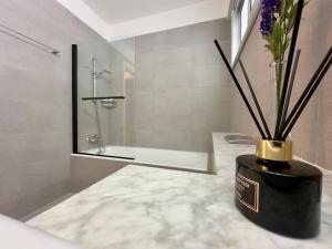 尼科西亚Panorama Residence的浴室的柜台上设有紫色花卉花瓶