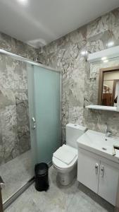 伊斯坦布尔Golden Tulip Suite Apart的一间带卫生间、水槽和镜子的浴室