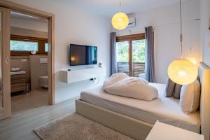 福纽德Stay with Gamauf的一间卧室设有一张带电视的床和一间浴室。