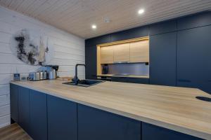 耶姆赛Luksushuvila Himos Hillside的厨房配有蓝色橱柜和木制台面