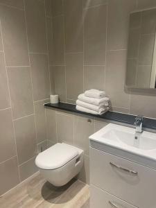 利物浦Luxurious 1 Bed - CITY VIEWS的浴室配有白色卫生间和盥洗盆。