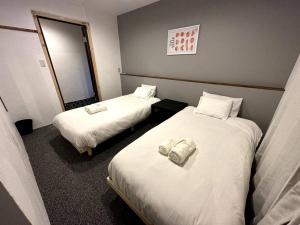 白马村AOBA Hakuba self-contained home的酒店客房,设有两张床和镜子