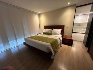 里奥内格罗Suite Presidencial en hotel próximo al aeropuerto的一间卧室配有一张大床和镜子