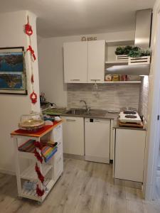 BrusimpianoLa Finestra sul Lago的厨房配有白色橱柜和水槽