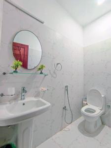 伊斯兰堡Holidazzle Lodge Islamabad的一间带水槽、卫生间和镜子的浴室