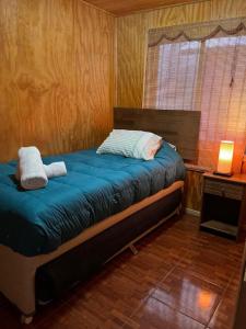 平托Cabañas Rukaparra的一间卧室配有一张带蓝色床单的床和一扇窗户。