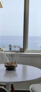 卡拉德米哈斯Loft La Cala de Mijas beach estudio mirando al mar的窗前桌子上的一碗贝壳