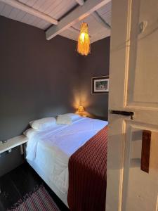 卡拉伊瓦Vila Patí Caraíva的卧室配有一张带吊灯的大型白色床。