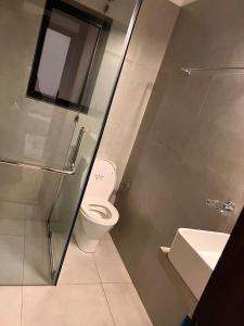 拉维尼亚山Zayn villa的浴室配有卫生间、淋浴和盥洗盆。