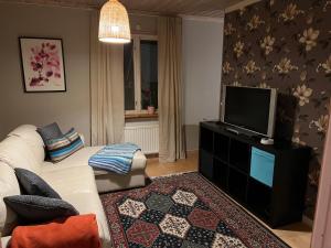 JärboLillhuset的客厅配有白色沙发和平面电视。
