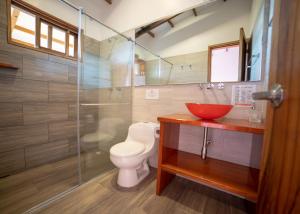 萨兰托Ecoresort Gran Azul的一间带卫生间和玻璃淋浴间的浴室