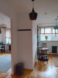 奥格雷Daugavas apartamenti的用餐室以及带桌椅的起居室。