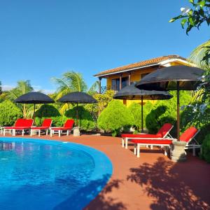 格拉纳达Hotel Jardín Garden de Granada Nicaragua的房屋旁的游泳池配有椅子和遮阳伞