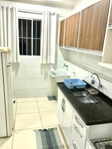 皮拉西卡巴Apartamento Privado - 2 quartos, varanda, sala e cozinha integrada的白色的小厨房设有水槽和水槽