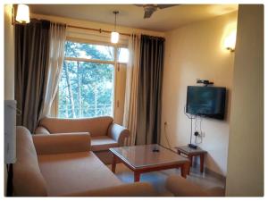 奈尼塔尔Modern 2 bedroom apartment Near Nainital and Kaichi Dham SF4的带沙发、桌子和电视的客厅