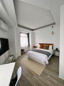 花莲市樓梯旅宿-東大門夜市旁-可包棟的卧室配有一张白色大床和电视。