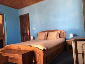 塔那那利佛意阿瑞姆巴托酒店的一间卧室配有一张蓝色墙壁的床和一张桌子