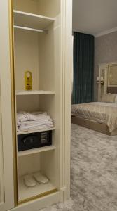 撒马尔罕DiliMah Premium Luxury的客房设有带一张床和镜子的卧室