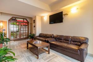 西姆拉Treebo Trend Varuna With Mountain View的客厅配有真皮沙发和电视
