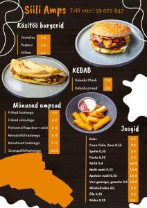 SämiSämi Siil的快餐店的菜单,包括三明治和薯条