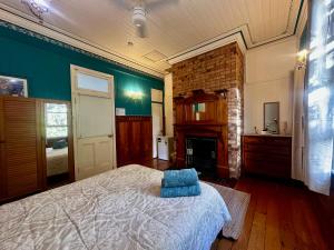 布里斯班Minto Accommodation Brisbane的一间卧室配有一张床和一个壁炉