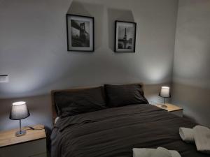 卡萨莱蒙费拉托Cà Fiamma的一间卧室配有一张床,两盏台灯放在两张桌子上