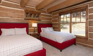 大天空市Powder Ridge Cabin Oglala 2B的木墙客房的两张床