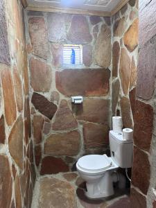 SekenaniLuluka Guest House的石墙内带卫生间的石质浴室