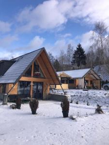 LupeniAcasă Straja - Casa Nordică的小木屋,地面上积雪
