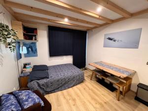 夏蒙尼-勃朗峰Le Petit Cham的一间卧室配有一张床和一张书桌
