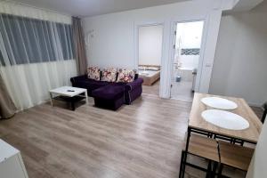 奥托佩尼Apartament CWA 3 Aeroport Otopeni的客厅配有紫色沙发和桌子