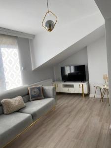 恰纳卡莱Şehir Merkezinde,Dublex apartman的带沙发和平面电视的客厅